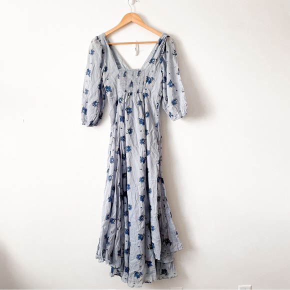Free People Sea Glass Floral Puff Sleeve Midi Dress Blue Combo Sz 4 (S/M) - Picture 8 of 10